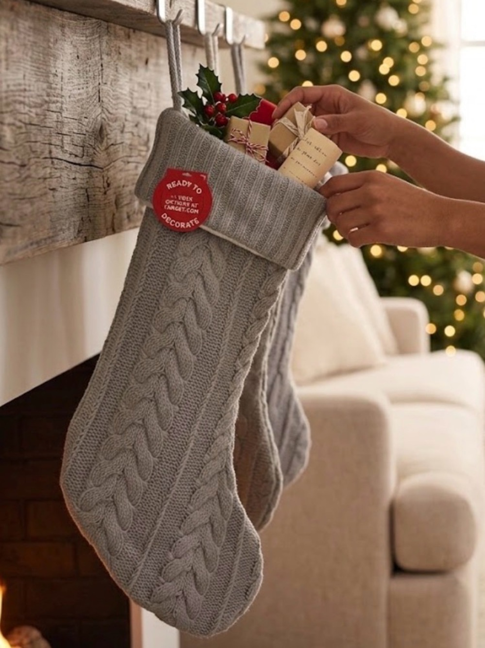 Target Light Gray Cable Knit Holiday Stocking with Fold-Over Cuff